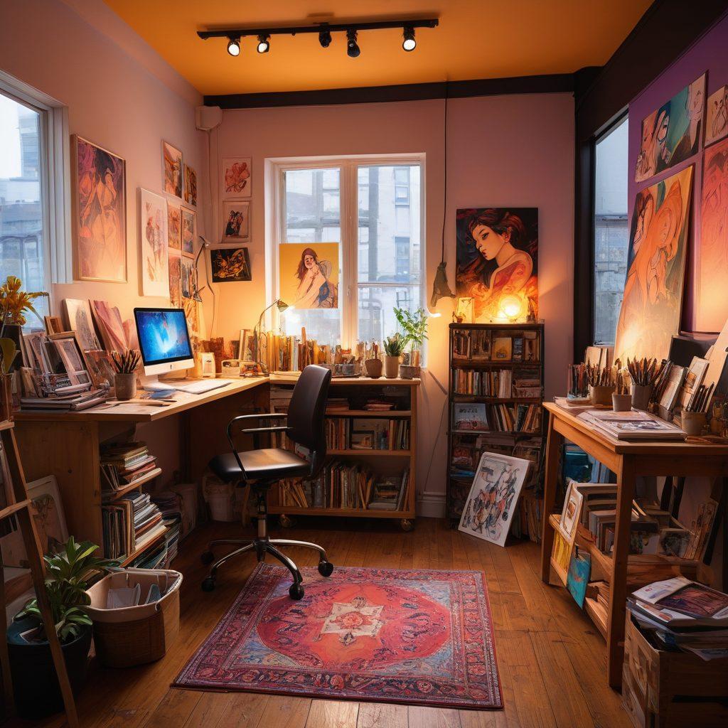 An imaginative and captivating scene showcasing a vibrant art studio filled with sketches and colorful paintings inspired by erotic art and adult animation. The room is adorned with posters of diverse hentai styles, featuring expressive characters in dynamic poses, surrounded by creative tools and art supplies. Soft, ambient lighting casts a warm glow over the space, inviting viewers to delve into the sensual world of animation. A sense of playful exploration and artistic freedom fills the air. vibrant colors. super-realistic.