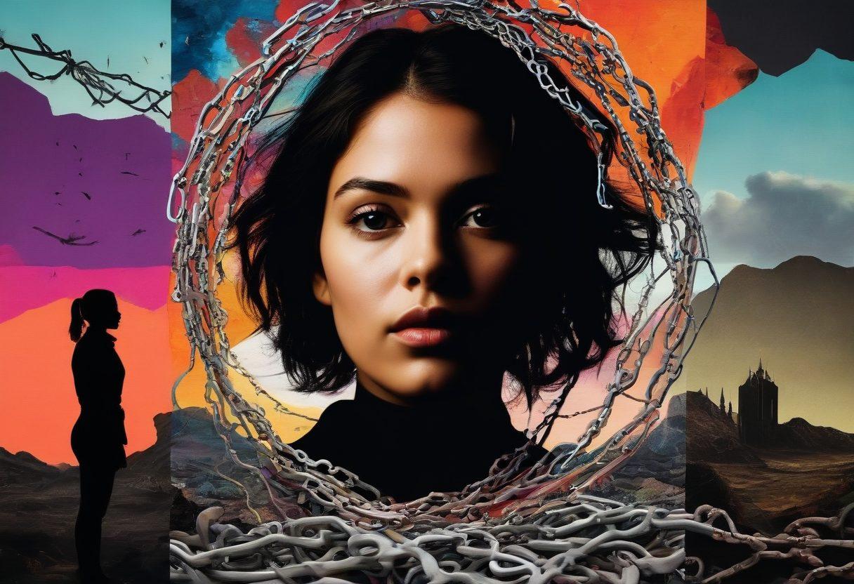 A thought-provoking scene depicting a collage of diverse adult visual media, integrating elements of art, photography, and animation, surrounded by symbolic boundaries like broken chains and open doors. A silhouette of an individual gazing beyond, with a backdrop of abstract colors representing different emotions and experiences related to sexual content. The overall tone should provoke curiosity and understanding. vibrant colors. collage style. surreal.